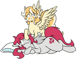 Size: 1098x847 | Tagged: safe, artist:egophiliac, imported from derpibooru, oc, oc only, oc:little love, oc:orange cream, pegasus, pony, boop, duo, female, looking at each other, male, silly, simple background, tongue out, transparent background