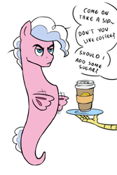 Size: 732x1094 | Tagged: safe, artist:pikokko, imported from derpibooru, oc, oc:marshall (marshmallow), sea pony, annoyed, coffee, coffee cup, cup, disembodied hand, hand, implied discord, male, offscreen character, offspring, parent:pinkie pie, parent:pokey pierce, parents:pokeypie, simple background, solo focus, species swap, speech bubble, white background