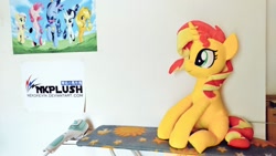 Size: 1024x576 | Tagged: safe, artist:nekokevin, imported from derpibooru, applejack, fluttershy, pinkie pie, rarity, sunset shimmer, twilight sparkle, pony, unicorn, cute, female, irl, mare, photo, plushie, poster, shimmerbetes, sitting, smiling, solo