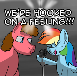 Size: 1814x1797 | Tagged: safe, artist:artiks, imported from derpibooru, rainbow dash, oc, oc:david hasselhoof, b.j. thomas, blue swede, disco ball, duo, hooked on a feeling, lyrics, microphone, singing, song reference, text