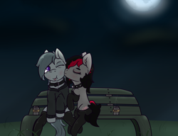 Size: 1300x1000 | Tagged: safe, artist:lazerblues, imported from derpibooru, marble pie, oc, oc:miss eri, bench, black and red mane, choker, clothes, coffee, coffee cup, collar, cup, ear piercing, hoodie, lonely inky, piercing, stockings, thigh highs, two toned mane