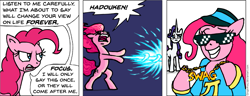 Size: 927x356 | Tagged: safe, artist:gingerfoxy, imported from derpibooru, pinkie pie, rarity, earth pony, pony, unicorn, pony comic generator, clothes, comic, hadouken, street fighter, sunglasses, swag