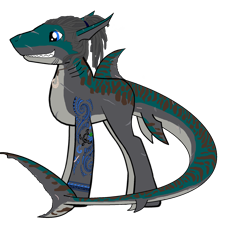 Size: 1947x2003 | Tagged: safe, imported from derpibooru, oc, oc only, oc:rogue wave, hybrid, original species, shark pony, blue eyes, countershading, dreadlocks, hei matau, jewelry, necklace, scar, sharp teeth, simple background, stripes, tattoo, teeth, tiger shark pony, transparent background