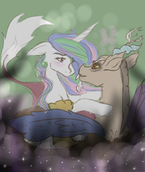 Size: 724x858 | Tagged: safe, artist:slytherinakatsuki, imported from derpibooru, discord, princess celestia, alicorn, draconequus, blurred background, blurry background, dislestia, female, interspecies, male, nebula, romance, shipping, stars, straight