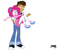 Size: 2280x1920 | Tagged: safe, artist:flipwix, imported from derpibooru, pinkie pie, oc, oc:copper plume, spider, star spider, equestria girls, equestria girls series, canon x oc, clothes, commission, commissioner:imperfectxiii, copperpie, cute, female, freckles, geode of sugar bombs, glasses, male, pantyhose, sandals, scared, shipping, simple background, skirt, skirt lift, straight, transparent background