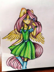 Size: 810x1080 | Tagged: safe, artist:zefirka, imported from derpibooru, fluttershy, anthro, butterfly, clothes, dress, ear fluff, female, signature, simple background, solo, spread wings, sundress, traditional art, white background, wings