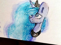 Size: 600x450 | Tagged: safe, artist:zefirka, imported from derpibooru, princess luna, alicorn, pony, bust, ear fluff, female, hair over one eye, mare, portrait, simple background, solo, traditional art, white background