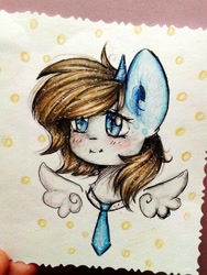 Size: 453x604 | Tagged: safe, artist:zefirka, imported from derpibooru, oc, oc only, alicorn, pony, :i, alicorn oc, blushing, bust, ear fluff, female, mare, necktie, portrait, solo, spread wings, traditional art, wings