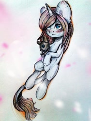 Size: 453x604 | Tagged: safe, artist:zefirka, imported from derpibooru, oc, oc only, pony, unicorn, blushing, female, hoof hold, leonine tail, looking up, mare, no pupils, on back, plushie, solo, traditional art