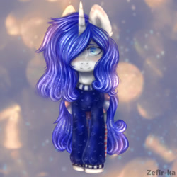 Size: 2000x2000 | Tagged: safe, artist:zefirka, imported from derpibooru, oc, oc only, pony, unicorn, abstract background, blushing, clothes, colored pupils, ear fluff, female, hair over one eye, looking at you, mare, signature, solo, sweater