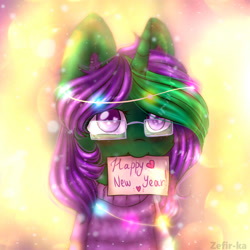 Size: 2000x2000 | Tagged: safe, artist:zefirka, imported from derpibooru, oc, oc only, pony, unicorn, abstract background, blushing, bust, clothes, colored pupils, cute, female, glasses, happy new year, heart, heart eyes, holiday, looking at you, mare, mouth hold, portrait, signature, solo, sweater, wingding eyes