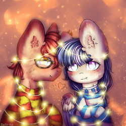 Size: 2000x2000 | Tagged: safe, artist:zefirka, imported from derpibooru, oc, oc only, pegasus, pony, abstract background, blushing, cheek fluff, clothes, cute, ear fluff, female, glasses, heart, looking at you, male, mare, no pupils, oc x oc, raised hoof, shipping, signature, stallion, sweater, wing fluff