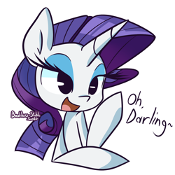 Size: 1280x1280 | Tagged: safe, artist:lilboulder, imported from derpibooru, rarity, pony, unicorn, bust, darling, dialogue, female, mare, open mouth, raised hoof, signature, simple background, solo, talking to viewer, white background