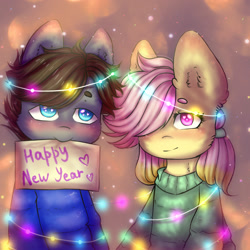 Size: 2000x2000 | Tagged: safe, artist:zefirka, imported from derpibooru, oc, oc only, pony, abstract background, blushing, cheek fluff, ear fluff, female, hair over one eye, happy new year, heart eyes, holiday, looking at you, male, mare, mouth hold, no pupils, oc x oc, shipping, stallion, wingding eyes