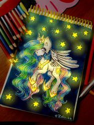 Size: 810x1080 | Tagged: safe, artist:zefirka, imported from derpibooru, princess celestia, alicorn, pony, colored pencil drawing, ear fluff, female, flying, hair over one eye, mare, no pupils, signature, solo, stars, traditional art