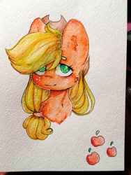 Size: 810x1080 | Tagged: safe, artist:zefirka, imported from derpibooru, applejack, earth pony, pony, bust, cheek fluff, chest fluff, cutie mark, ear fluff, female, freckles, hair over one eye, mare, no pupils, portrait, simple background, solo, traditional art, white background