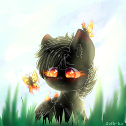 Size: 2000x2000 | Tagged: safe, artist:zefirka, imported from derpibooru, oc, oc only, butterfly, pegasus, pony, cheek fluff, chest fluff, colored pupils, ear fluff, fire, flame eyes, glowing eyes, grass, signature, solo, wing fluff