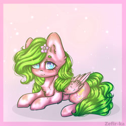 Size: 2000x2000 | Tagged: safe, artist:zefirka, imported from derpibooru, oc, oc only, pegasus, pony, chest fluff, colored pupils, cute, ear fluff, female, flower, flower in hair, fluffy, hair over one eye, heart eyes, leg fluff, looking at you, mare, shoulder fluff, signature, smiling, solo, wing fluff, wingding eyes