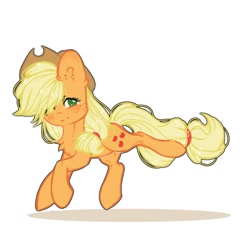 Size: 1000x1000 | Tagged: safe, artist:zefirka, imported from derpibooru, applejack, earth pony, pony, cheek fluff, chest fluff, ear fluff, female, hair over one eye, kicking, mare, simple background, smiling, solo, white background