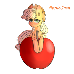 Size: 2000x2000 | Tagged: safe, artist:zefirka, imported from derpibooru, applejack, earth pony, pony, apple, blushing, cheek fluff, colored pupils, ear fluff, female, food, freckles, looking at you, mare, name, prone, signature, simple background, smiling, solo, white background