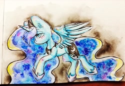 Size: 2560x1767 | Tagged: safe, artist:zefirka, imported from derpibooru, princess luna, alicorn, pony, colored pupils, female, mare, running, sad, solo, spread wings, traditional art, wings