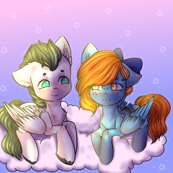 Size: 2000x2000 | Tagged: safe, artist:zefirka, imported from derpibooru, oc, oc only, pegasus, pony, bow, chest fluff, cloud, ear fluff, female, floppy ears, freckles, hair bow, heart eyes, looking at each other, male, mare, no pupils, oc x oc, shipping, signature, sky, smiling, stallion, unshorn fetlocks, wingding eyes