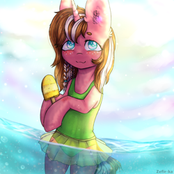 Size: 2000x2000 | Tagged: safe, artist:zefirka, imported from derpibooru, oc, oc only, pony, unicorn, :3, bipedal, clothes, cute, daaaaaaaaaaaw, ear fluff, female, food, freckles, heart eyes, ice cream, looking at you, mare, no pupils, one-piece swimsuit, signature, smiling, solo, swimsuit, wingding eyes