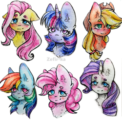 Size: 2000x2000 | Tagged: safe, artist:zefirka, imported from derpibooru, applejack, fluttershy, pinkie pie, rainbow dash, rarity, twilight sparkle, alicorn, earth pony, pegasus, pony, unicorn, blushing, bust, chest fluff, ear fluff, female, floppy ears, looking at you, mane six, mare, no pupils, portrait, signature, simple background, smiling, white background