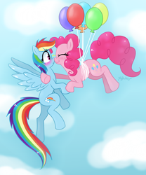 Size: 1000x1200 | Tagged: safe, artist:leffenkitty, imported from derpibooru, pinkie pie, rainbow dash, earth pony, pegasus, pony, balloon, blushing, boop, female, lesbian, noseboop, pinkiedash, shipping