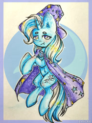 Size: 2976x3968 | Tagged: safe, artist:zefirka, imported from derpibooru, trixie, pony, unicorn, :t, belly fluff, cape, clothes, cutie mark background, ear fluff, female, hat, heart eyes, leg fluff, looking at you, mare, signature, solo, trixie's cape, trixie's hat, wingding eyes