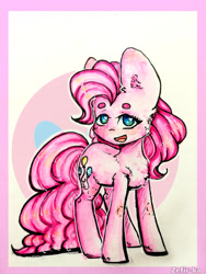 Size: 2976x3968 | Tagged: safe, artist:zefirka, imported from derpibooru, pinkie pie, earth pony, pony, beanbrows, cheek fluff, chest fluff, cutie mark background, ear fluff, eyebrows, female, fluffy, happy, head turn, heart eyes, leg fluff, looking at you, mare, open mouth, shoulder fluff, signature, solo, standing, turned head, wingding eyes