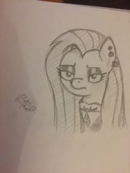 Size: 720x960 | Tagged: safe, artist:ganighost, imported from derpibooru, fluttershy, fake it 'til you make it, black and white, female, fluttergoth, grayscale, monochrome, simple background, traditional art, white background