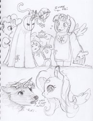Size: 1678x2169 | Tagged: safe, artist:dilarus, deleted from derpibooru, imported from derpibooru, fluttershy, pinkie pie, twilight sparkle, twilight sparkle (alicorn), alicorn, anthro, dog, earth pony, pegasus, pony, comic:the many faces of twilight sparkle, anthro with ponies, black and white, dialogue, dogified, food, grayscale, mask, monochrome, pie, skull, species swap, toriel, traditional art, twilight barkle, undertale