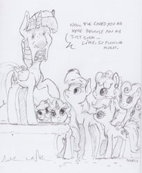 Size: 1661x2024 | Tagged: safe, artist:dilarus, deleted from derpibooru, imported from derpibooru, scootaloo, twilight sparkle, twilight sparkle (alicorn), alicorn, earth pony, pegasus, pony, unicorn, comic:the many faces of twilight sparkle, dialogue, traditional art, vulgar