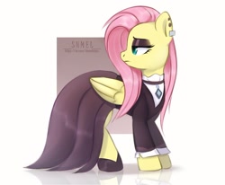 Size: 1600x1319 | Tagged: safe, artist:shmel, imported from derpibooru, fluttershy, pegasus, pony, fake it 'til you make it, clothes, ear piercing, earring, eyeshadow, female, fluttergoth, jewelry, makeup, mare, piercing, shoes, simple background, solo