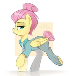 Size: 1097x1150 | Tagged: safe, artist:shmel, imported from derpibooru, fluttershy, pegasus, pony, fake it 'til you make it, clothes, female, looking at you, mare, profile, severeshy, simple background, solo