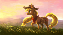 Size: 1921x1080 | Tagged: safe, artist:plainoasis, imported from derpibooru, applejack, earth pony, pony, bandana, cowboy hat, female, freckles, grass field, hat, looking away, mare, profile, smiling, solo, stetson, windswept mane