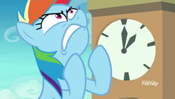 Size: 1920x1080 | Tagged: safe, imported from derpibooru, screencap, rainbow dash, pegasus, pony, grannies gone wild, season 8, spoiler:s08, clock, discovery family logo, faic, female, mare, rainbow dash is best facemaker