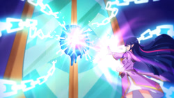 Size: 1280x721 | Tagged: safe, artist:jonfawkes, artist:lumineko, imported from derpibooru, twilight sparkle, human, school daze, clothes, door, eea seal, elf ears, female, humanized, lock, magic, scene interpretation, school of friendship, solo