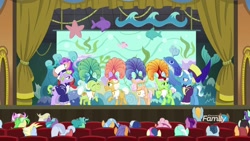 Size: 1920x1080 | Tagged: safe, imported from derpibooru, screencap, apple rose, auntie applesauce, big bucks, bon bon, frying pan (character), goldie delicious, granny smith, jack pot, lightning riff, lyra heartstrings, sweet buzz, earth pony, pony, unicorn, grannies gone wild, background pony, discovery family logo, female, frying pan (g4), gold horseshoe gals, hat, las pegasus resident, magic show, male, mare, stage, stallion, top hat