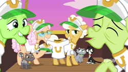 Size: 1920x1080 | Tagged: safe, imported from derpibooru, screencap, apple rose, auntie applesauce, goldie delicious, granny smith, earth pony, pony, grannies gone wild, clothes, discovery family logo, female, gold horseshoe gals, hat, mare, mouth hold, shirt, t-shirt