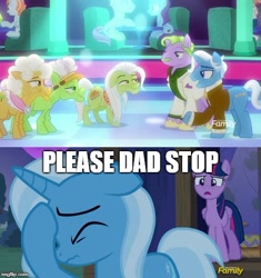 Size: 500x531 | Tagged: safe, edit, edited screencap, imported from derpibooru, screencap, big bucks, jack pot, trixie, twilight sparkle, twilight sparkle (alicorn), alicorn, earth pony, pony, unicorn, grannies gone wild, no second prances, alternate hairstyle, eye contact, eyes closed, facehoof, female, floppy ears, frown, grin, lidded eyes, looking at each other, mare, smiling, wavy mouth