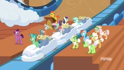Size: 1920x1080 | Tagged: safe, imported from derpibooru, screencap, apple rose, auntie applesauce, bon bon, crunch time (character), desert wind, fast break, goldie delicious, granny smith, home stretch, lyra heartstrings, pacifica, rainbow dash, earth pony, pegasus, pony, grannies gone wild, background pony, clothes, crunch time, discovery family logo, female, gold horseshoe gals, las pegasus resident, mare, roller coaster, wild blue yonder
