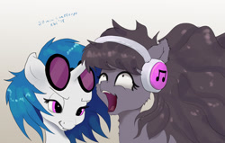 Size: 1400x892 | Tagged: safe, artist:xbi, derpibooru exclusive, imported from derpibooru, dj pon-3, octavia melody, vinyl scratch, earth pony, pony, unicorn, 30 minute art challenge, headphones, impossibly long hair, open mouth