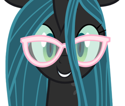 Size: 900x766 | Tagged: safe, edit, imported from derpibooru, vector edit, queen chrysalis, changeling, changeling queen, adorkable, bust, character development, cute, cutealis, dork, dorkalis, female, glasses, grin, happy, implied fluffle puff, looking at you, mare, nerd, portrait, reformed, simple background, smiling, solo, vector, white background