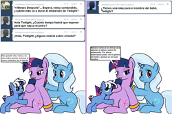 Size: 1204x800 | Tagged: safe, artist:dekomaru, edit, imported from derpibooru, trixie, twilight sparkle, pony, unicorn, tumblr:ask twixie, ask, comic, female, lesbian, magical lesbian spawn, offspring, parent:trixie, parent:twilight sparkle, parents:twixie, pregnant, shipping, spanish, translation, tumblr, twixie