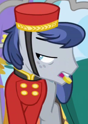 Size: 587x829 | Tagged: safe, edit, edited screencap, imported from derpibooru, screencap, pony, grannies gone wild, animation error, bellhop pony, bits, cropped, mouth hold, no nose, solo, welcome inn