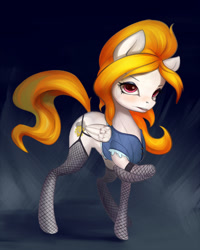 Size: 962x1200 | Tagged: safe, alternate version, artist:oneofyouare, imported from derpibooru, oc, oc only, oc:storm shield, pegasus, pony, blushing, clothes, female, fishnets, looking at you, mare, raised hoof, simple background, solo