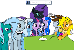 Size: 1175x800 | Tagged: safe, artist:dekomaru, imported from derpibooru, trixie, twilight sparkle, oc, oc:midnight, oc:nebula, oc:nyx, alicorn, pony, unicorn, tumblr:ask twixie, ask, female, lesbian, magical lesbian spawn, offspring, parent:trixie, parent:twilight sparkle, parents:twixie, shipping, spanish, translation, tumblr, twixie