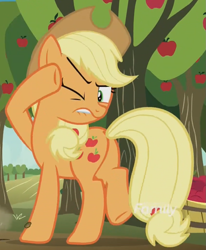 Size: 851x1033 | Tagged: safe, imported from derpibooru, screencap, applejack, earth pony, pony, grannies gone wild, apple tree, butt, cropped, discovery family logo, female, mare, one eye closed, plot, raised hoof, solo, tree